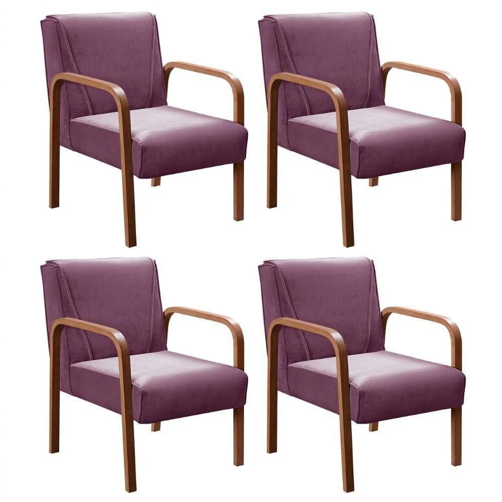 Kit 4 Poltronas Anita Moderna Decorativa Braço Madeira Veludo Roxo 380