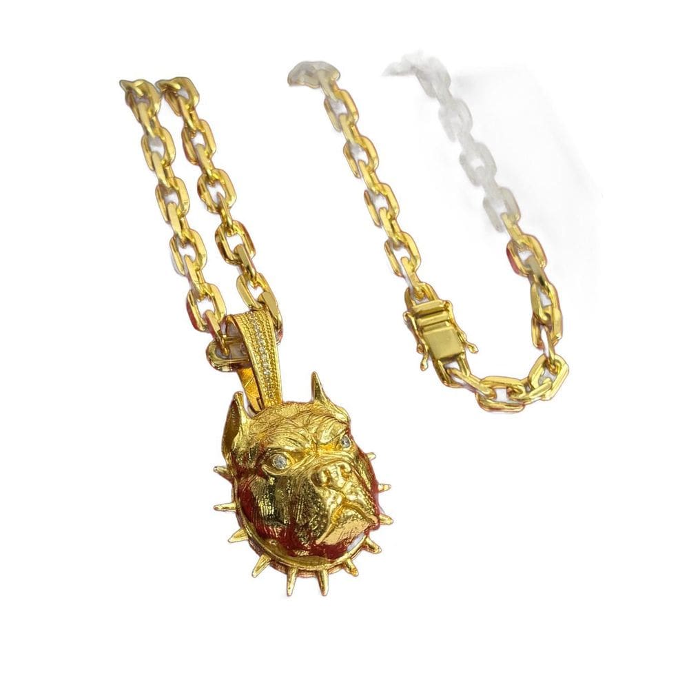 Cordão Cadeado 10Mm + Pingente Pitbull - Banhado A Ouro 18K