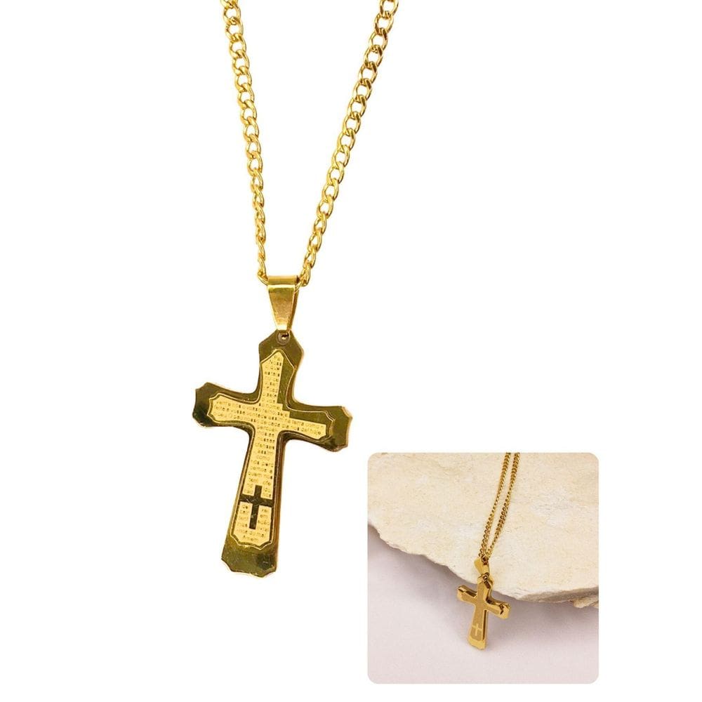 Corrente Cordão Masculino 70Cm Dourado Pingente Cruz Oração