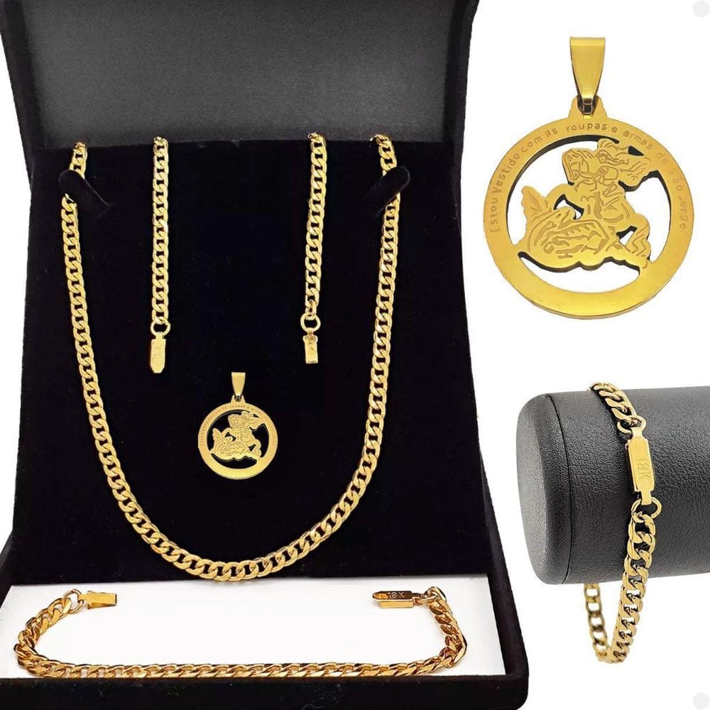 Corrente Masculina Grumet Aço Inox Folheada + Pingente São