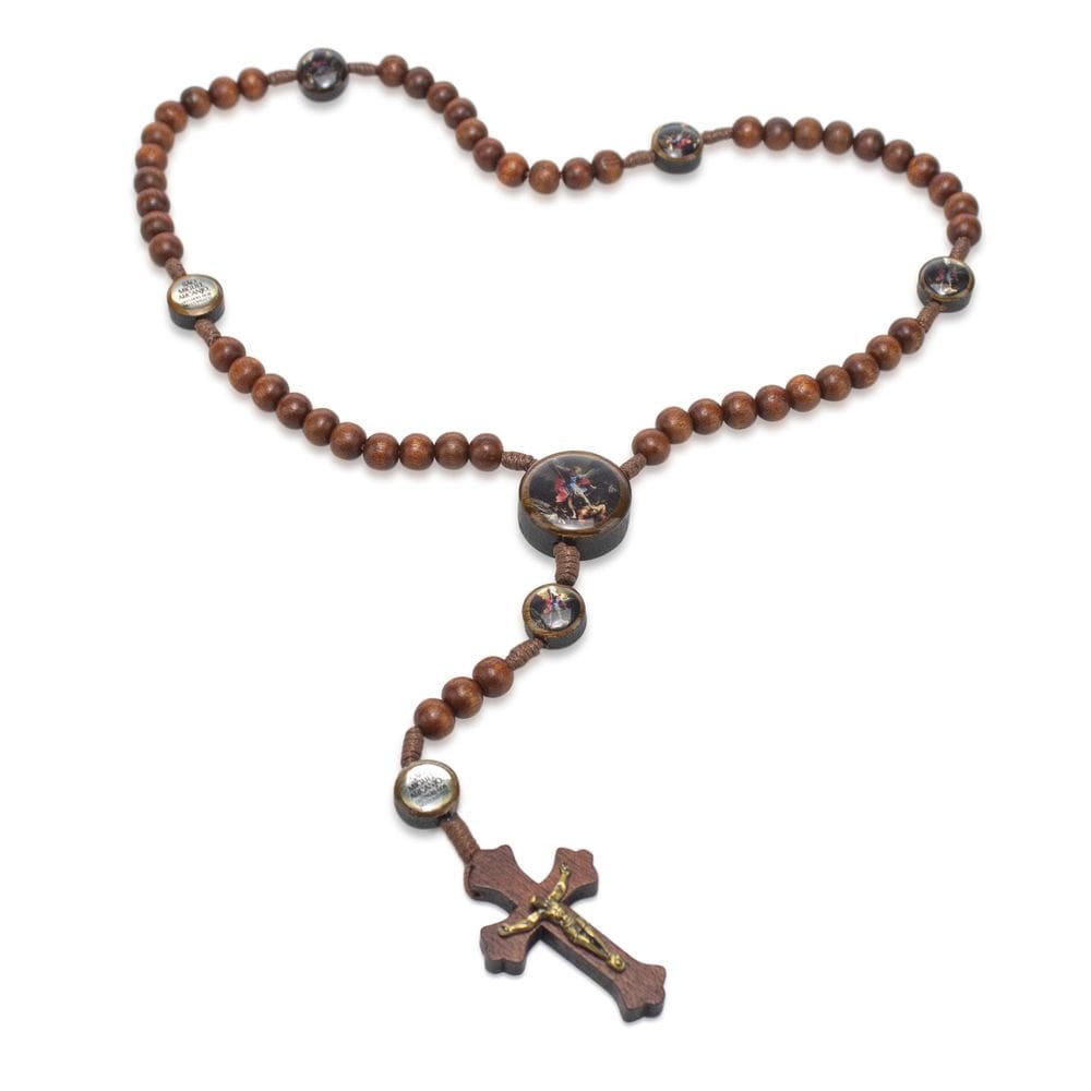 Terço São Miguel Marrom Madeira 8Mm