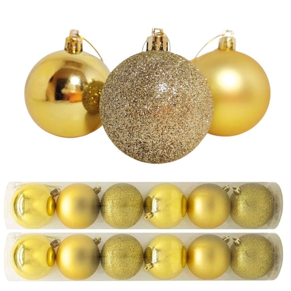 Conjunto 12 Bolas de Natal Dourado Tradicional Misto Glitter, Brilho e Fosca 6cm Prime