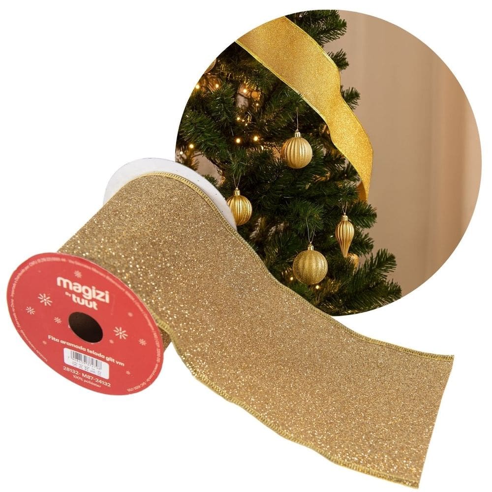 Fita Aramada Decorativa Natal Tecido Premium Brilho Dourado Luxo 10cm x 9 metros Ideal para Laços e Árvores
