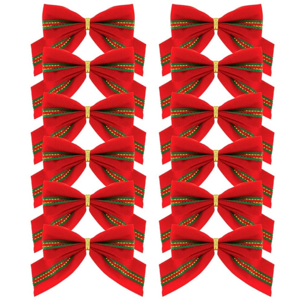 Jogo 12 Mini Laços Natalinos Veludo Vermelho e Verde com Dourado
