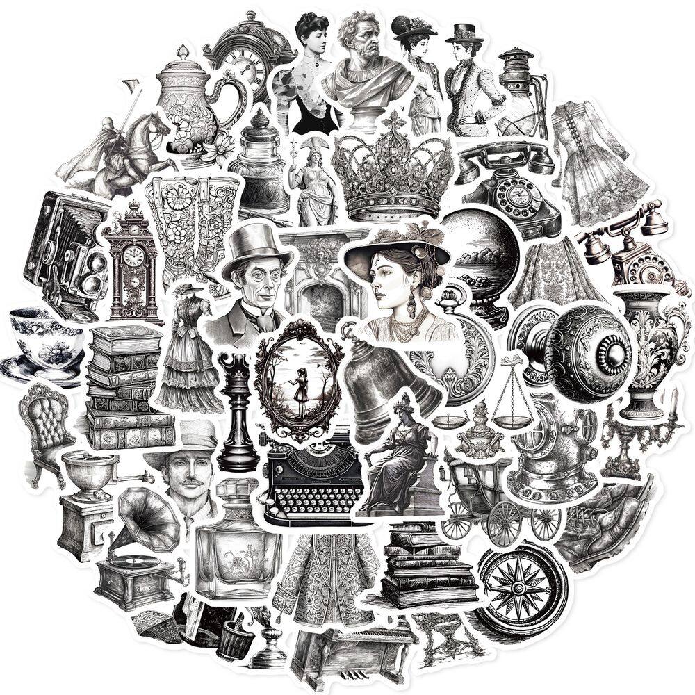 Pacote de adesivos de anime retrô preto e branco à prova d`água (50 unidades)