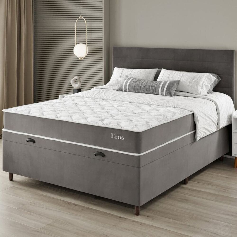 Conjunto Colchão Mola Ensacada e Base Box Baú Casal 65x138cm Eros Yescasa Cinza