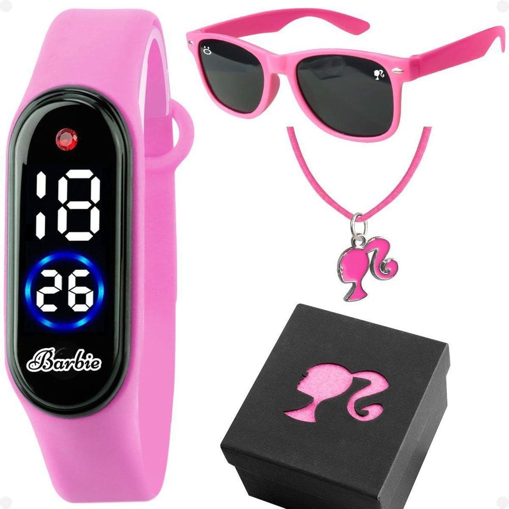 Relogio Infantil Barbie Led + Oculos Sol + Colar + Caixa