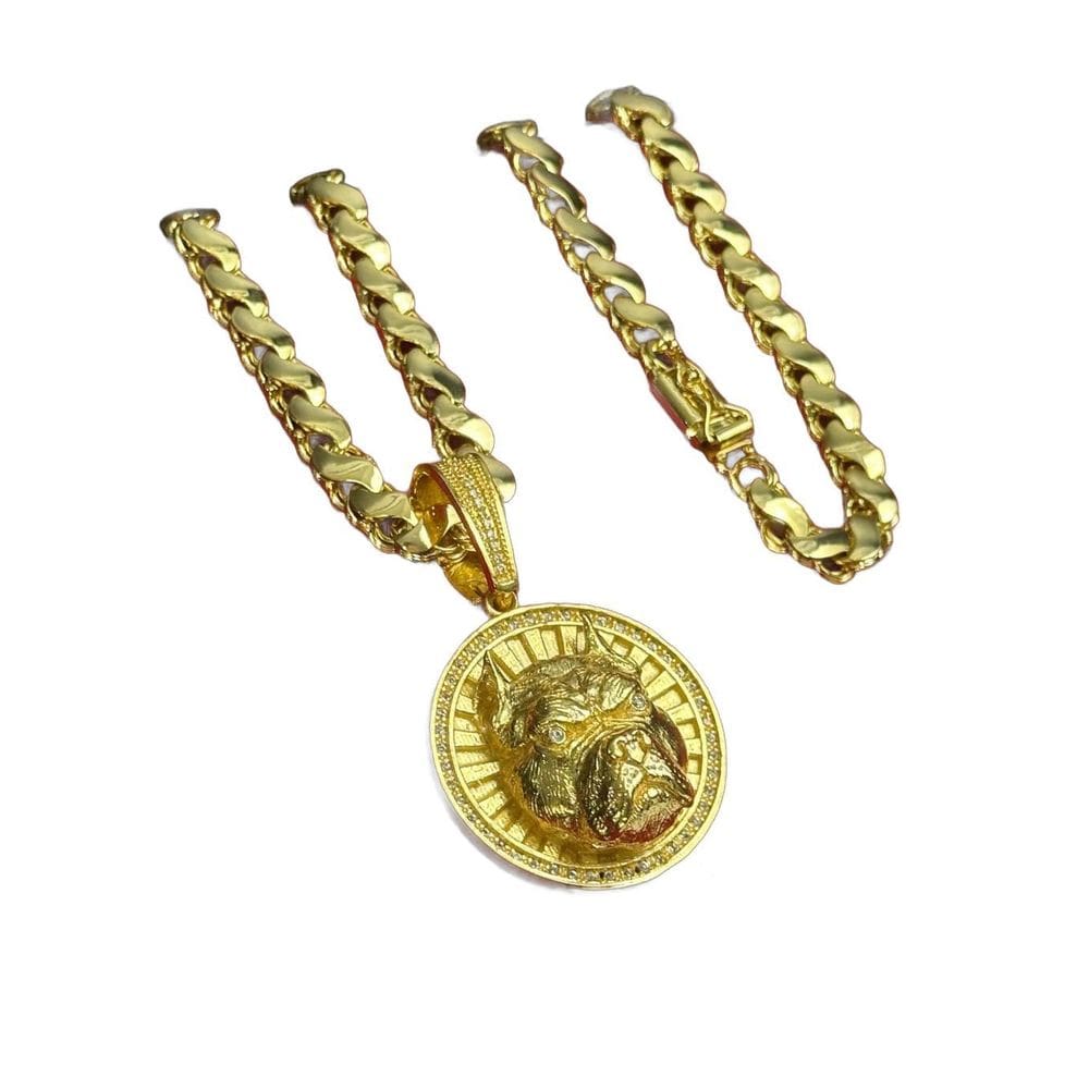 Cordão Friso S 8Mm + Pingente Pitbull Redondo Banhado A Ouro
