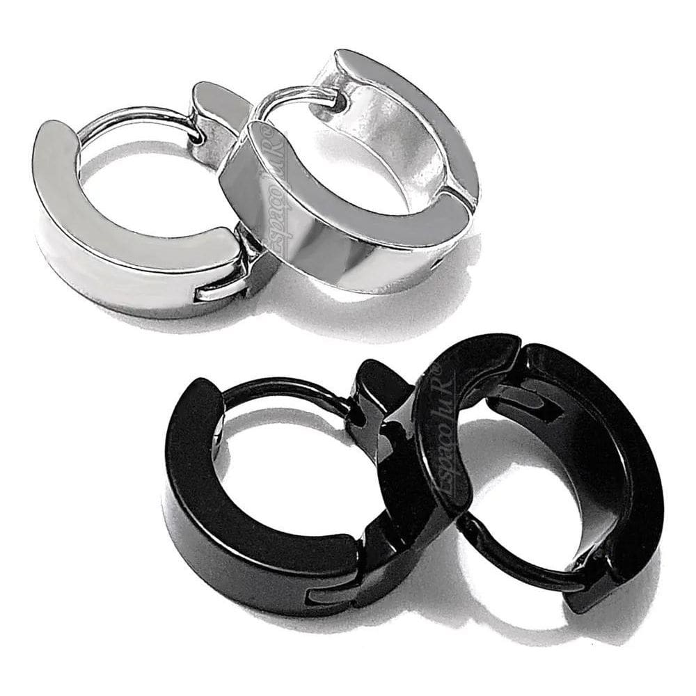 2X Brinco Masculino Argola Articulado Preto Prata Aço Furo 4