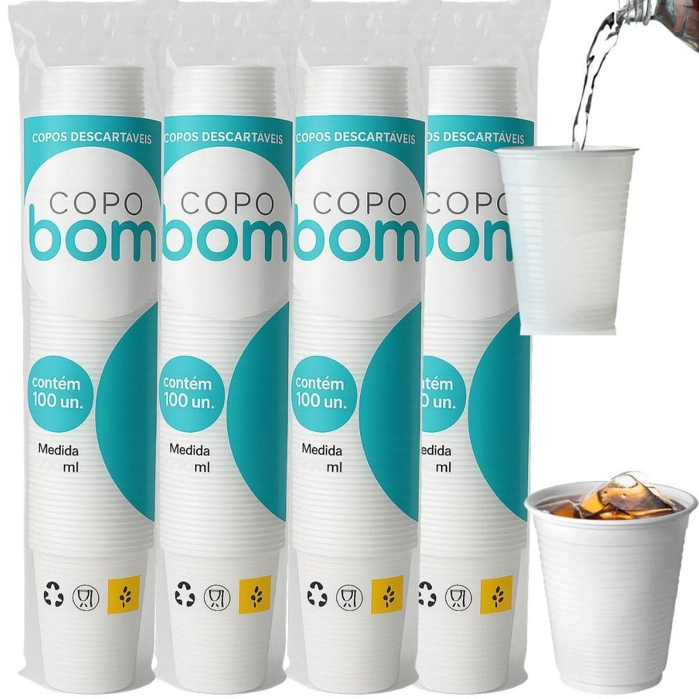 Kit 4 Copo Desc. Resistente 180Ml Branco Água Copobom 400 Un