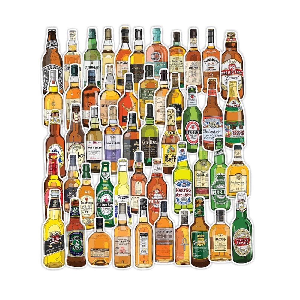 Pacote de adesivos: 50 unidades de garrafas de cerveja, vinho, uísque, uísque