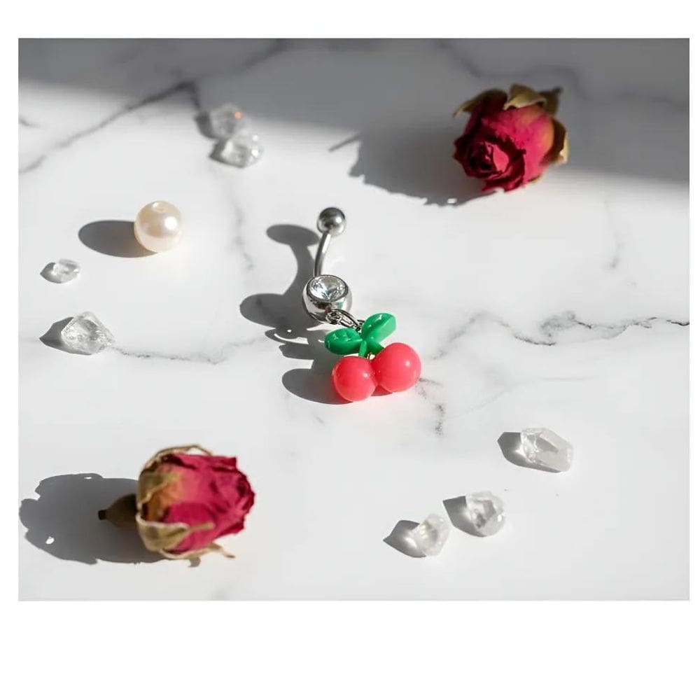 Pircing Umbigo Aço Cirúrgico E Pingente Sintético Cerejinha