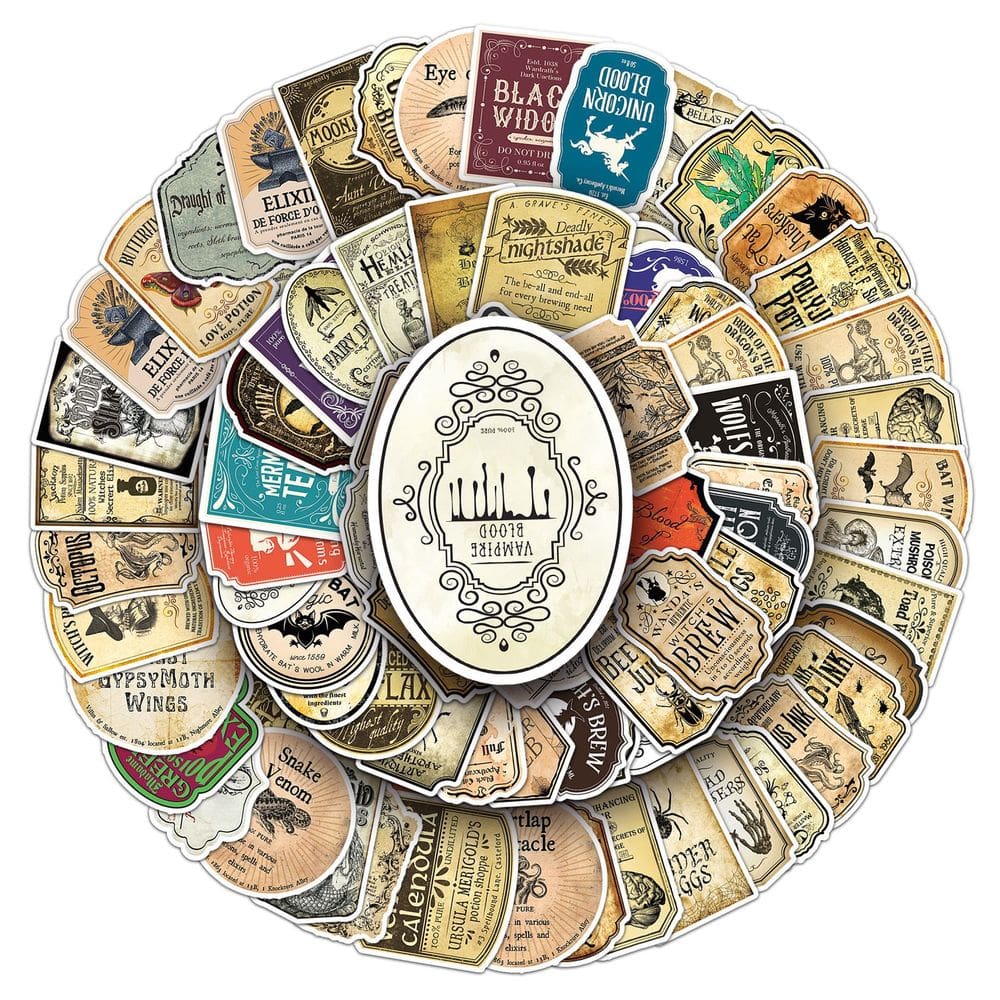Pacote de adesivos, 50 unidades/pacote, etiquetas de poções, vinil impermeável de anime