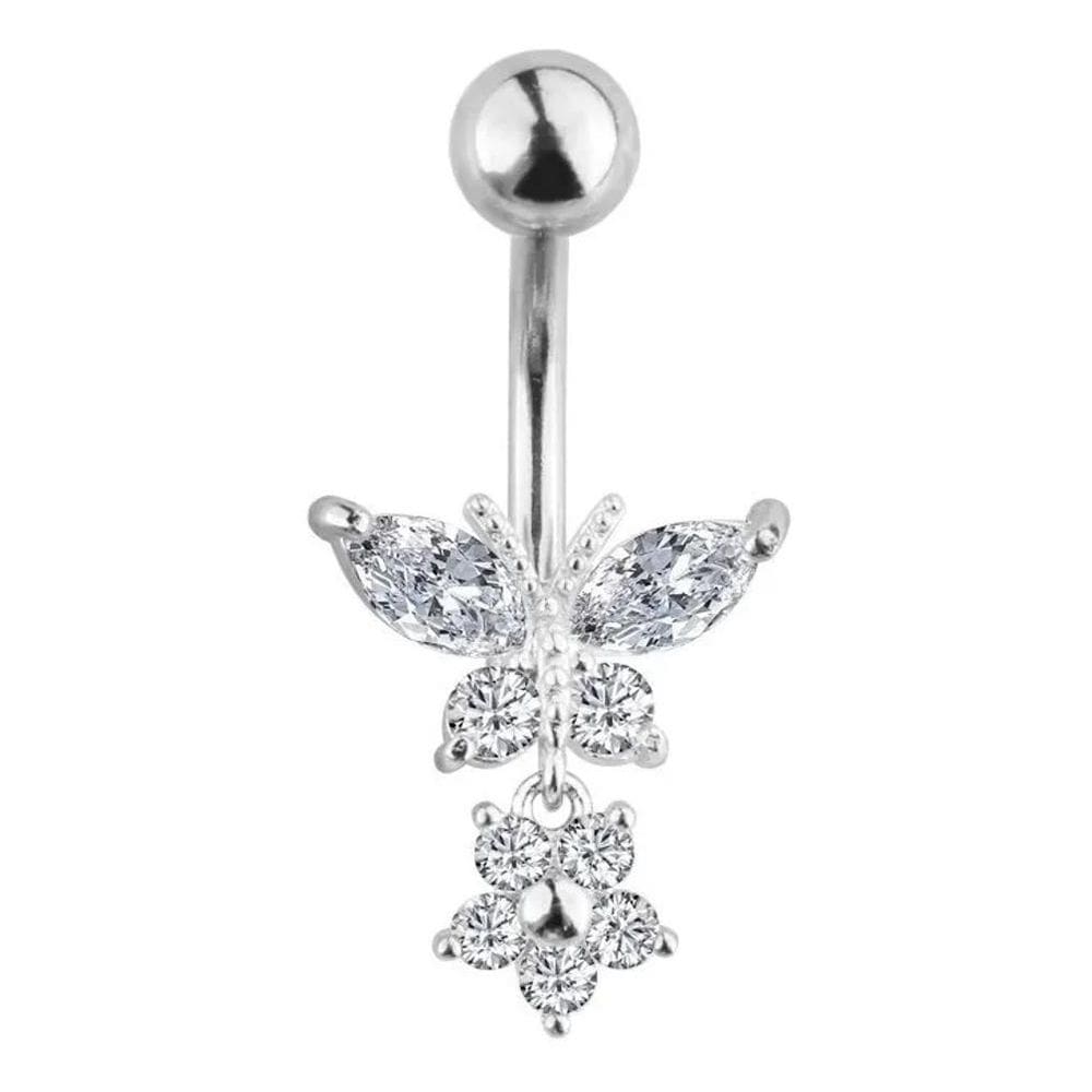 2X Piercing De Umbigo Prata Pendurado Pedra Borboleta Flor