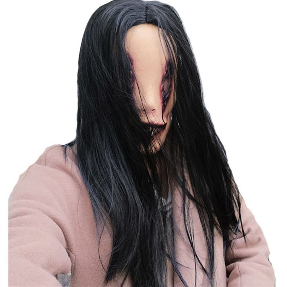 Máscara facial completa de látex preta de cabelo comprido Ghost