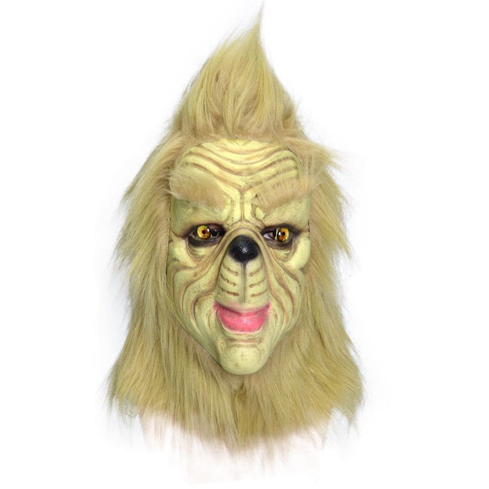 Máscara Grinch Headgear Party Full Face com látex de cabelo dourado