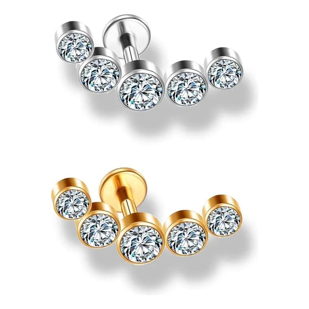 2X Piercing Cluster Orelha Labret 5 Zircônias Aço Cirúrgico