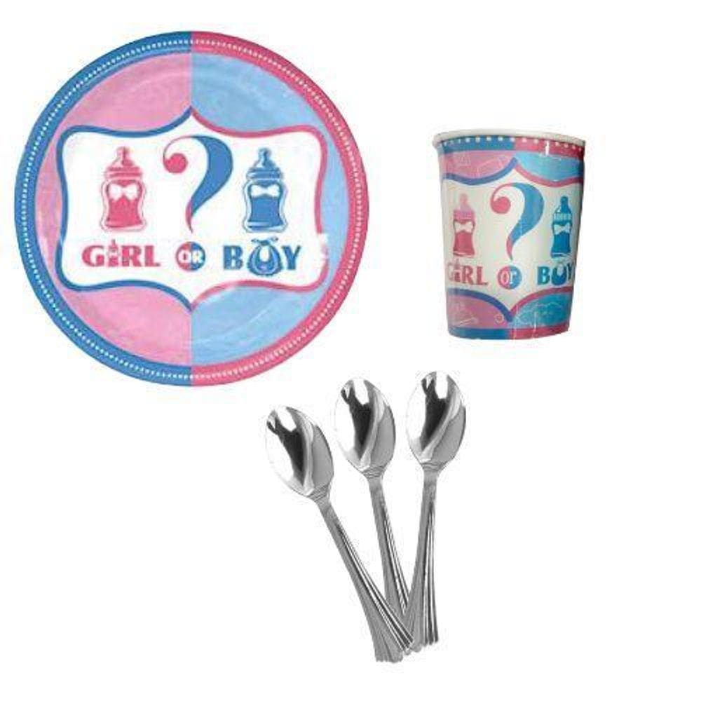 Kit 10 Convidado Prato Copos Papel Colher 14Cm Chá Revelação