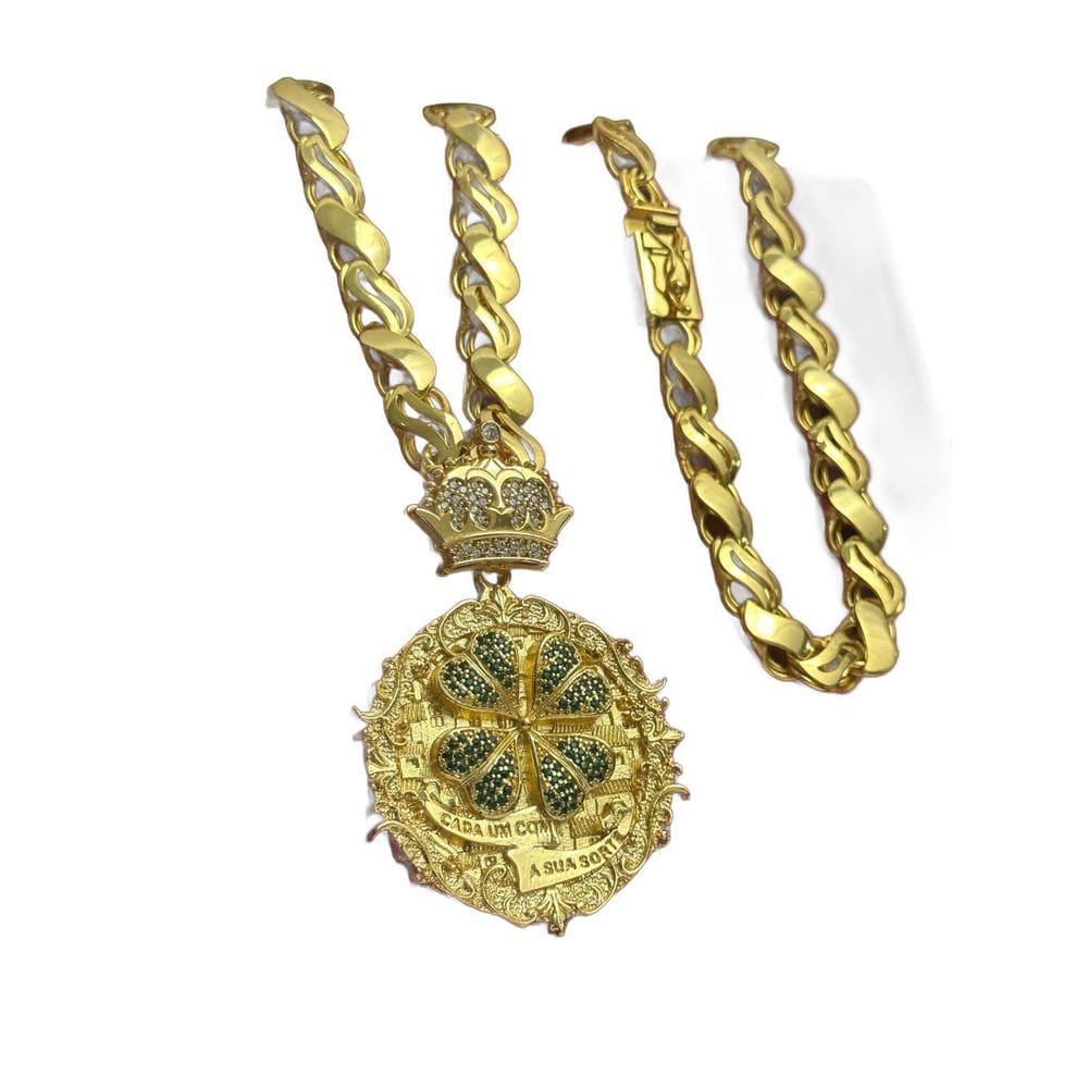 Cordão Friso S 12Mm + Pingente Trevo - Banhado A Ouro 18K