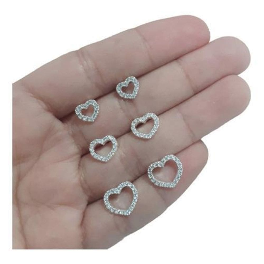 Trio Brinco Pedra Zirconia Coração Folheado A Prata Semijoia