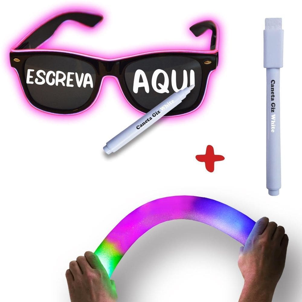 1 Óculos De Led + 1 Caneta Giz + 2 Bastão De Led Festa Bloco