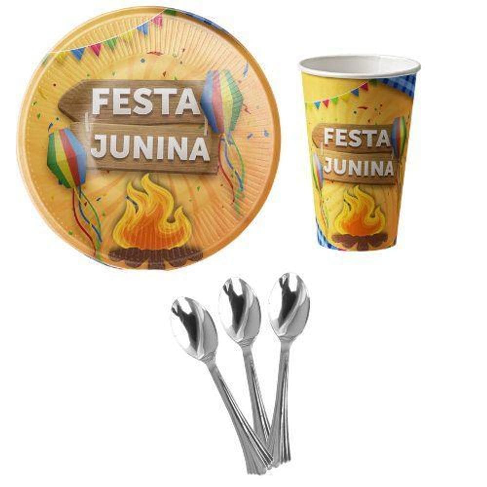 Kit 20 Convidados Pratos Copo Papel Colher 14Cm Festa Junina