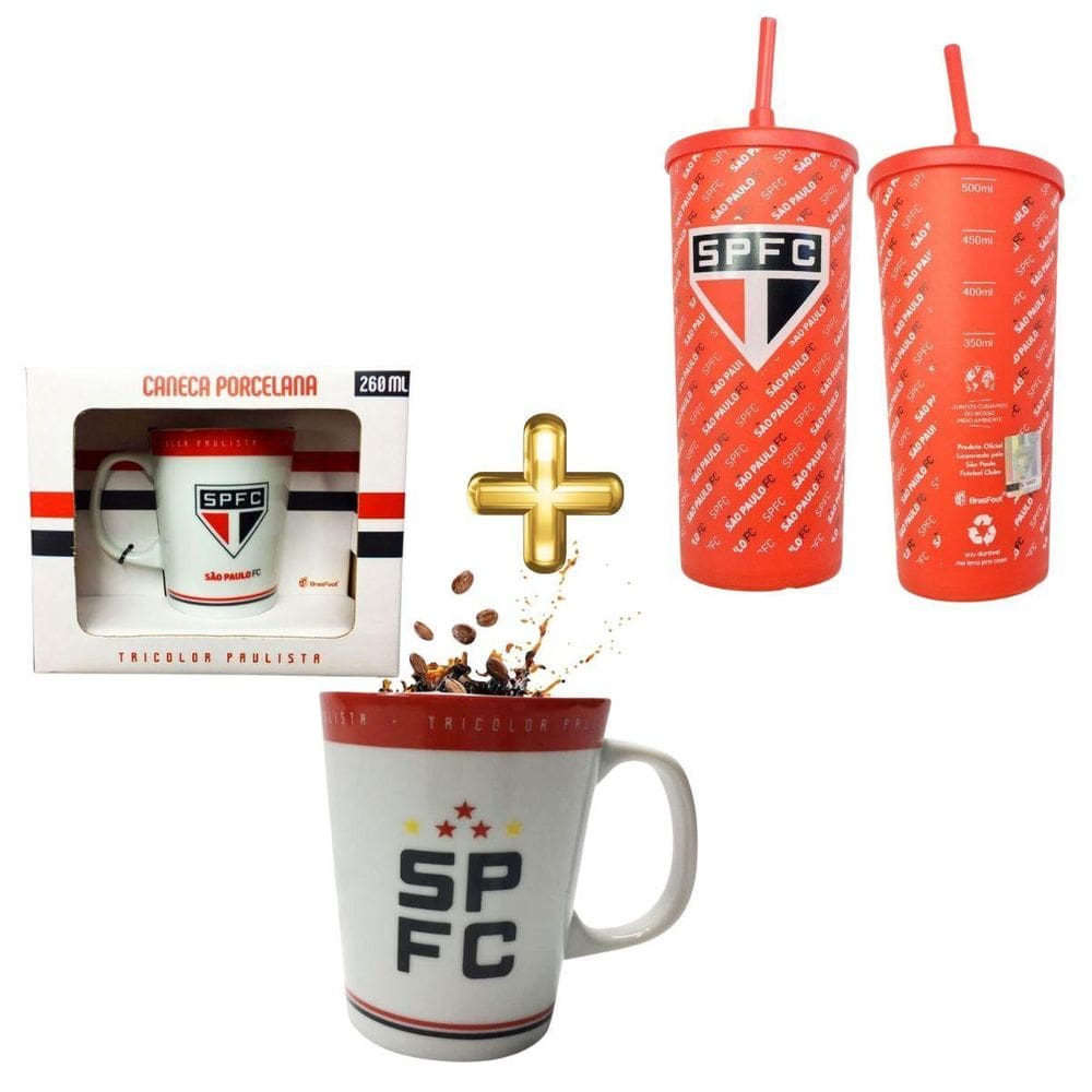 Kit 1 Caneca Branca Porcelana Café + 1 Copo Canudo 500Ml