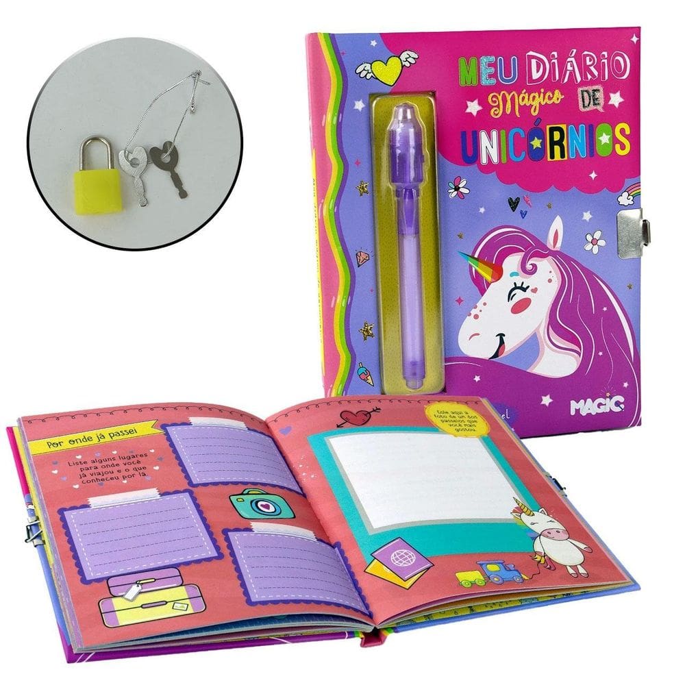 Diário Secreto 96 FL com Caneta Mágica G Unicórnio - Tudo em Caixa