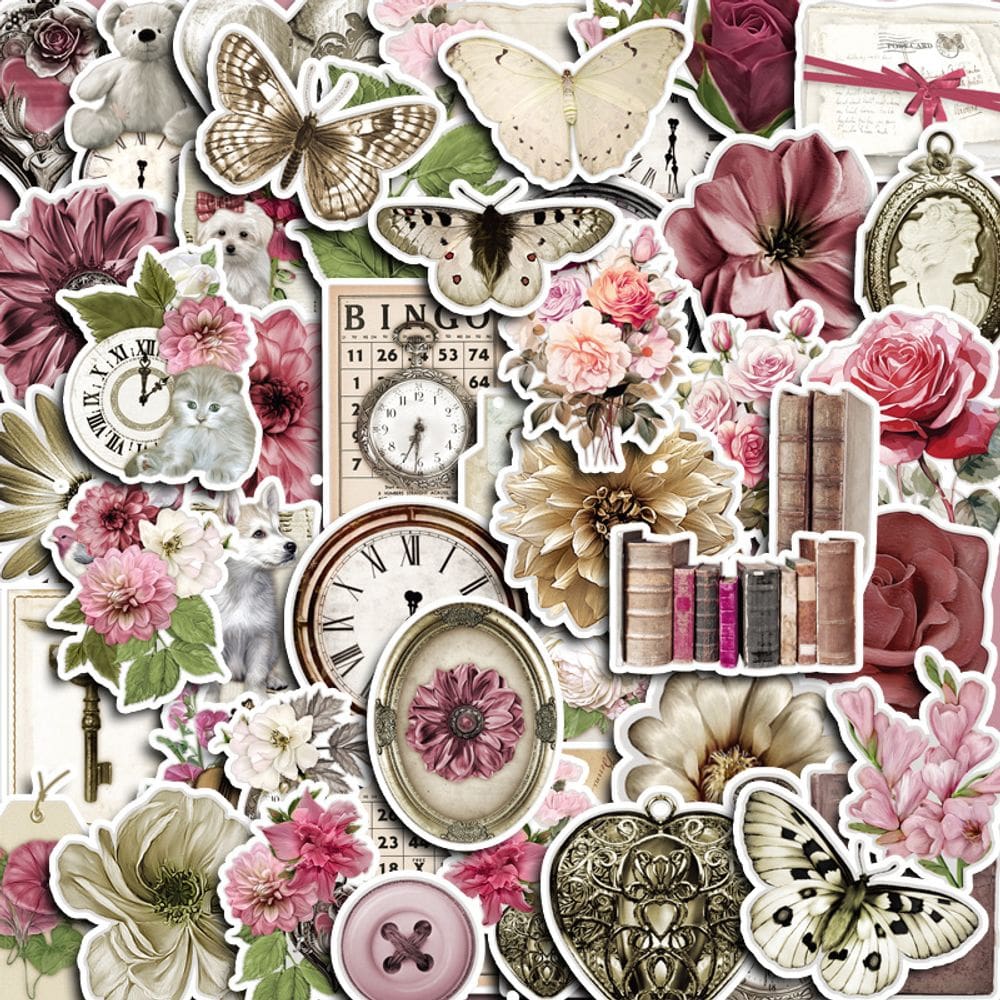 Adesivos, 50 unidades/lote, gatos, borboletas, flores, relógios impermeáveis