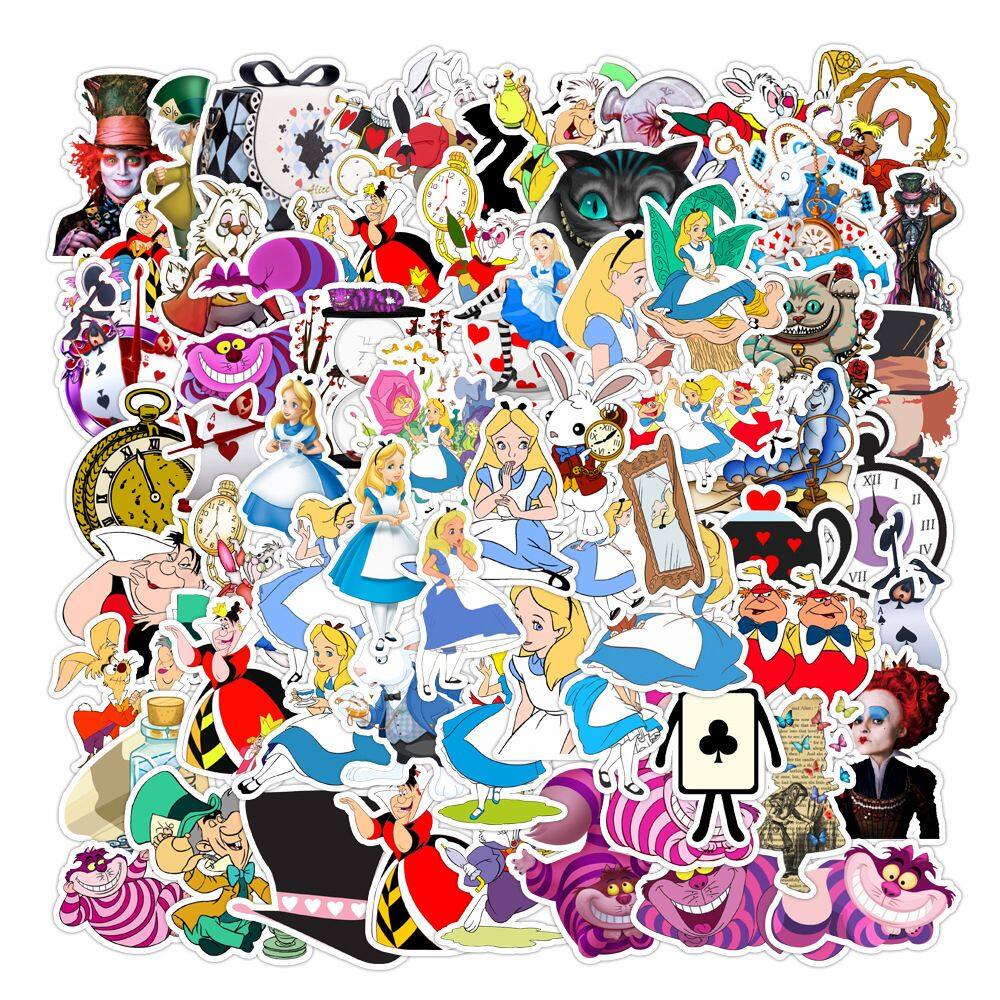Adesivos Alices in Wonderlands em vinil impermeável, 70 unidades