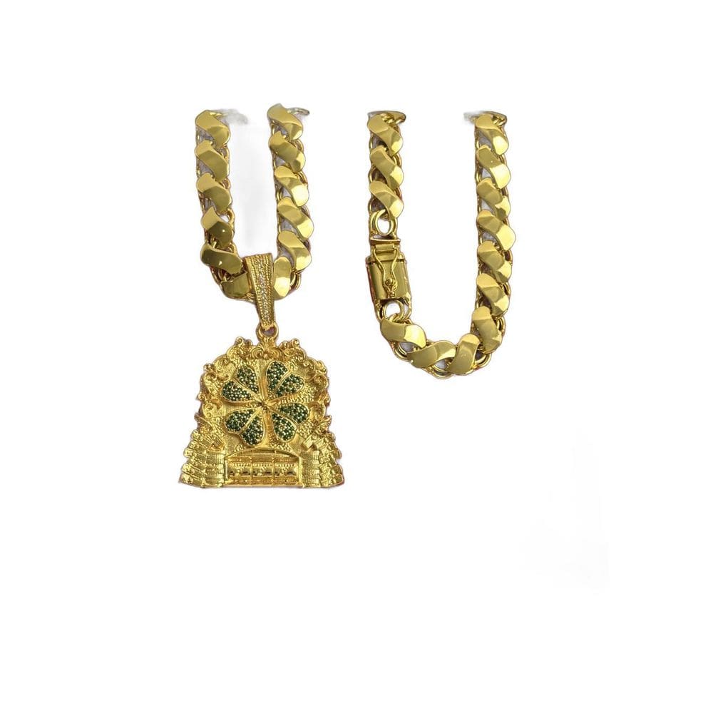 Cordão Friso S 13Mm + Pingente Trevo 777 - Banhado A Ouro