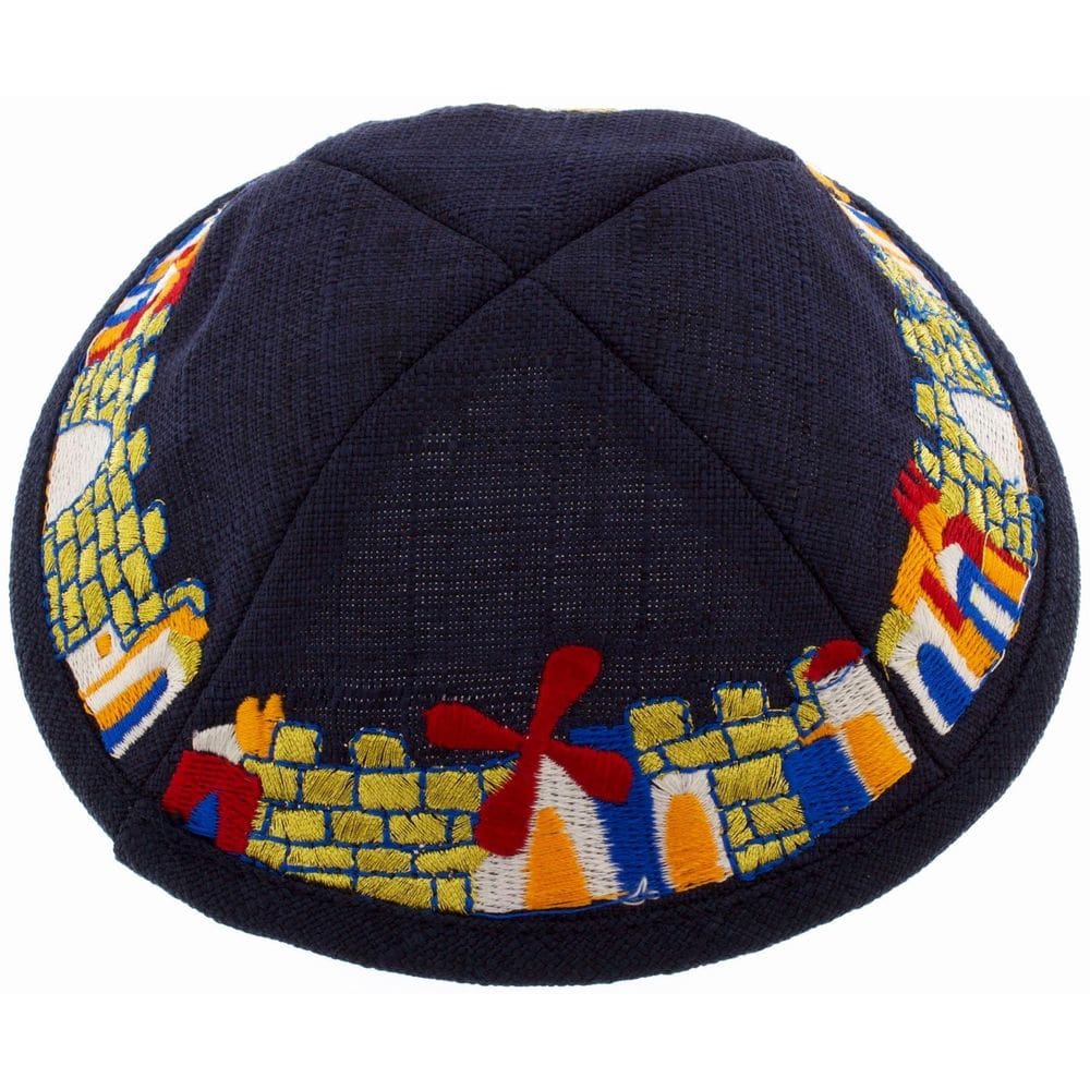 Kipa Judaico Veludo Preto Menorah Jerusalém Bordada Vermelha