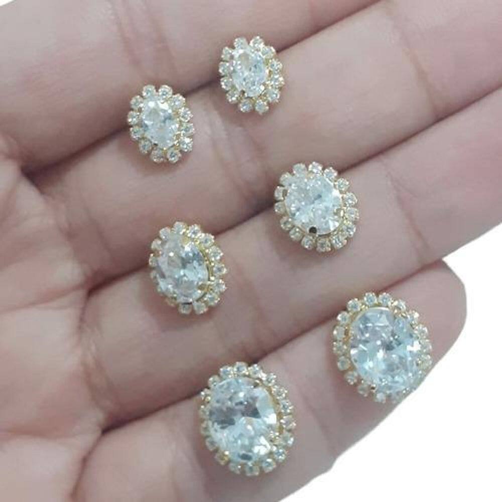 Trio Brinco Pedra Zirconia Oval Folheado Ouro 18K Dourado