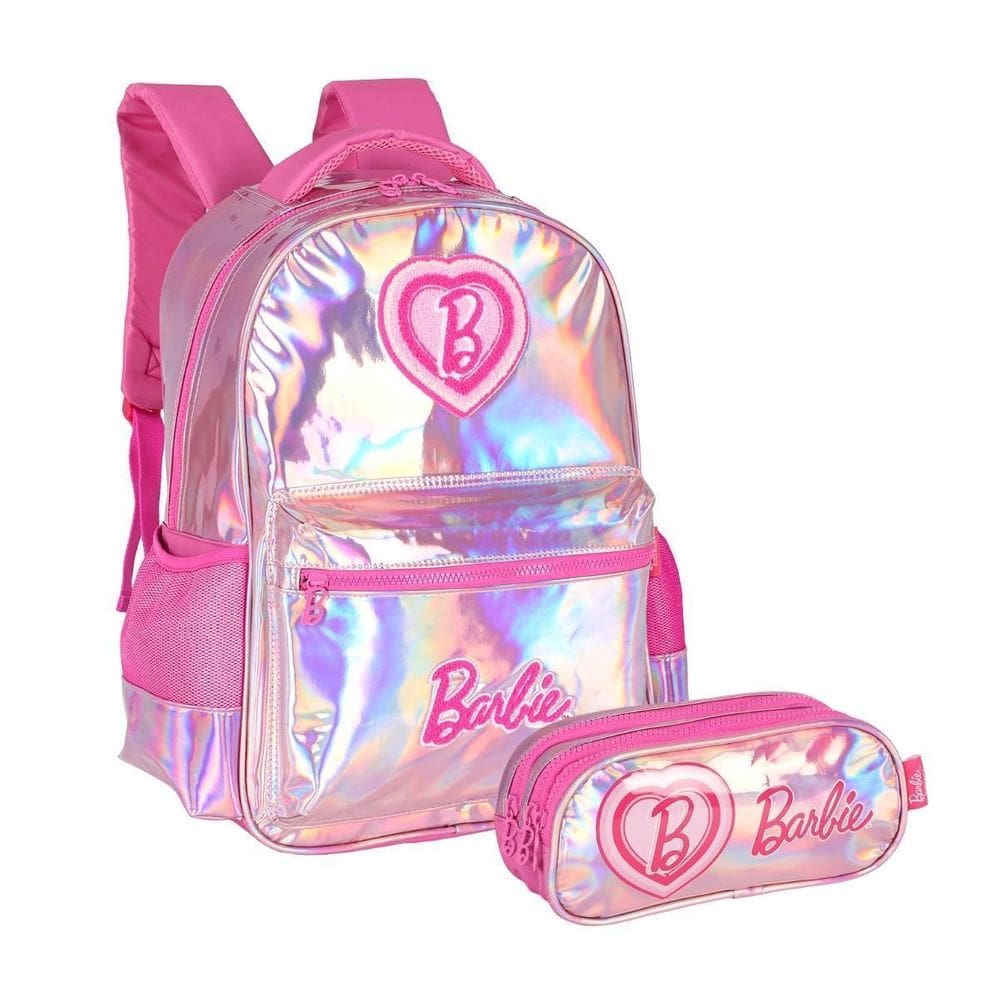 Kit Mochila De Costas Barbie Holográfica Estojo Triplo Rosa