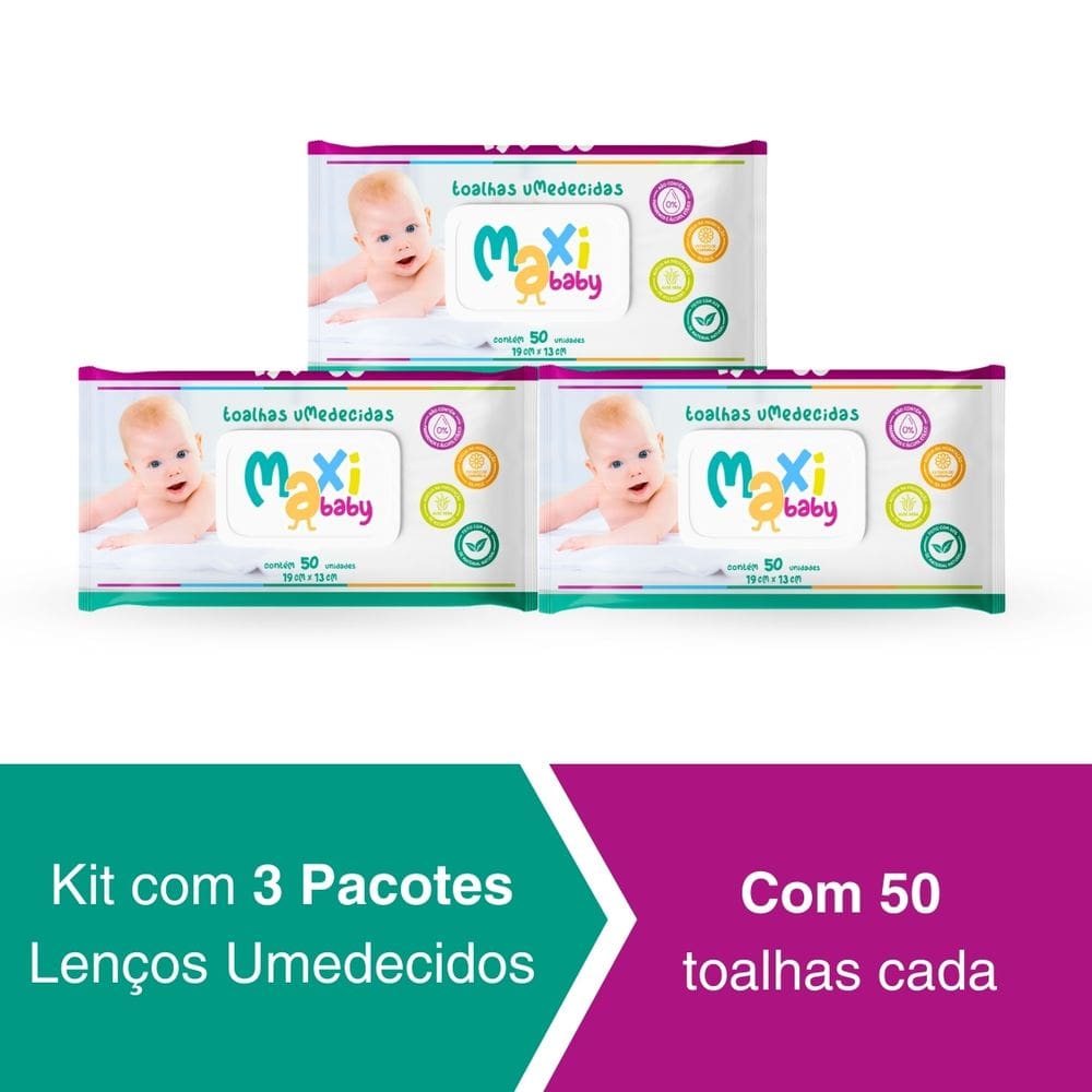 Kit 3 Toalhas Umedecidas Hipoalergênico 50un Cada Maxi Baby