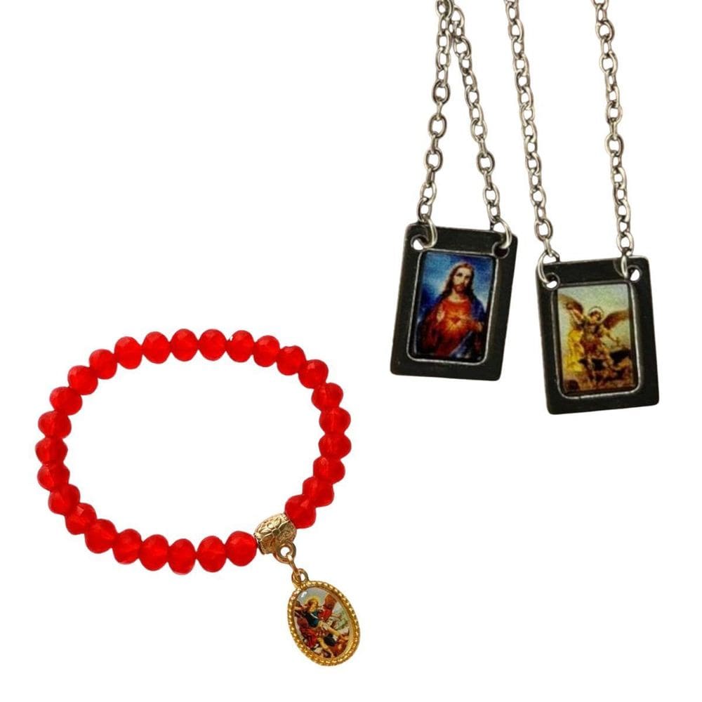 Kit Arcanjo São Miguel Escapulário + Pulseira Cristal