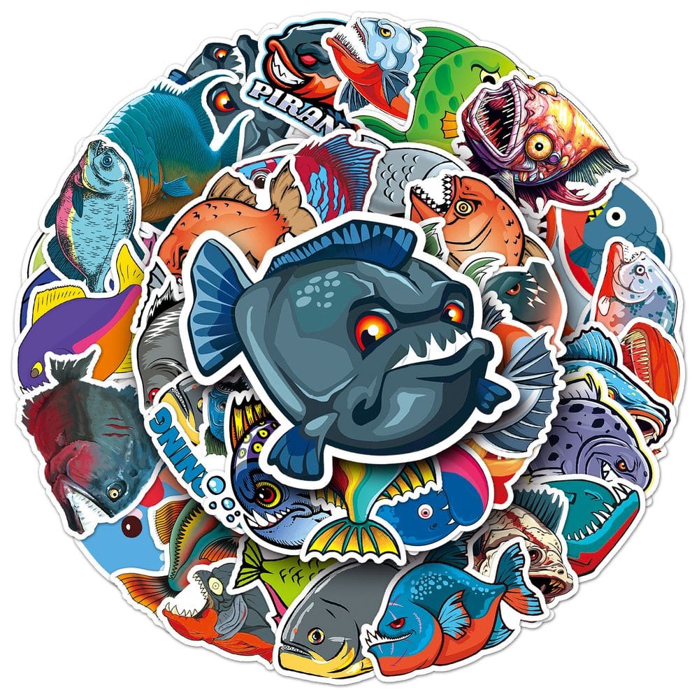 Adesivos Piranhas Seas Animals, vinil impermeável, 50 unidades