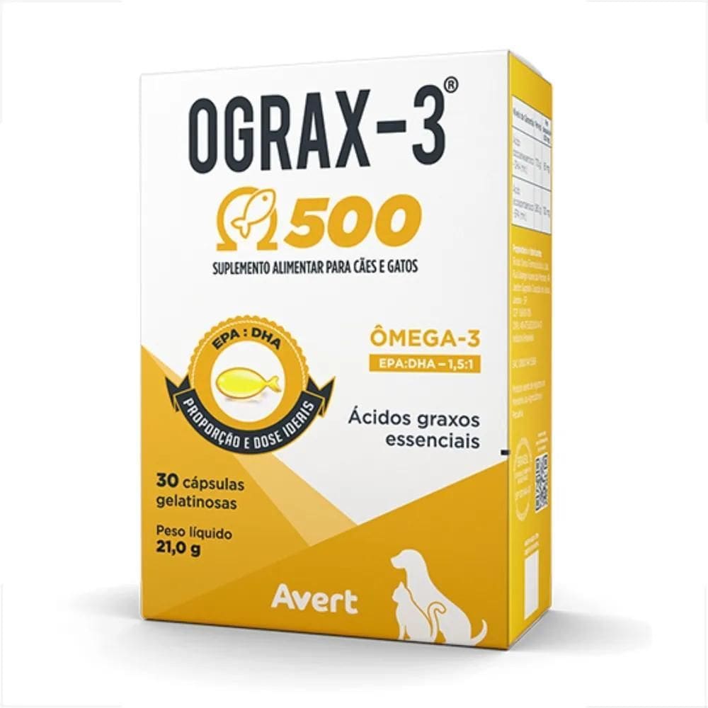 2X Suplemento Avert Ograx-3 500Mg Para Cães E Gatos 30 Cápsu