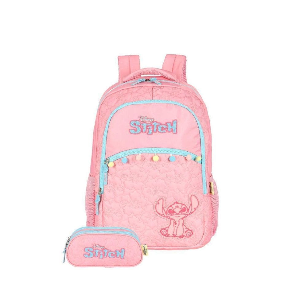 Kit Mochila Stitch Costas E Estojo Triplo Escolar Kids Rosa
