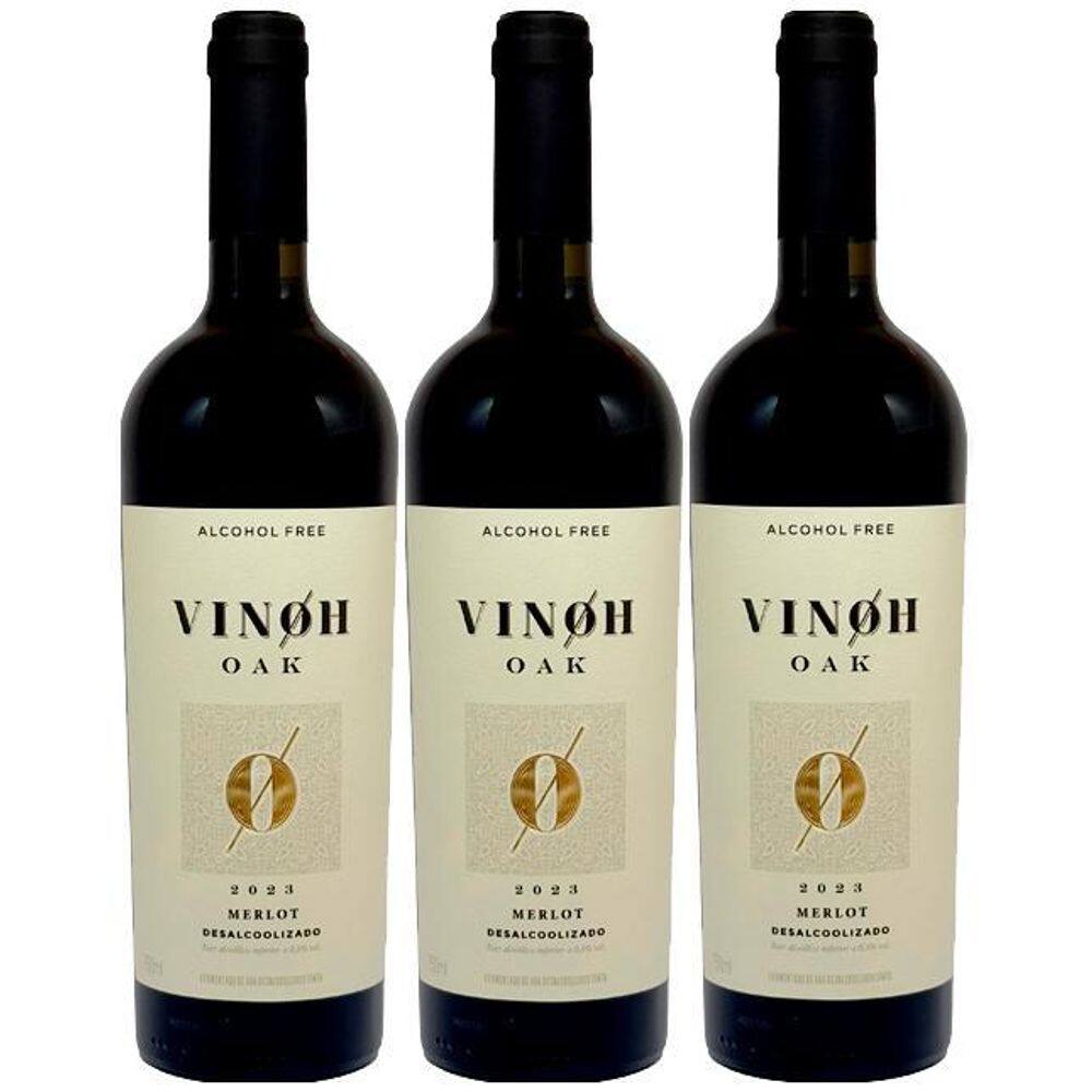 Kit 3 Vinho Sem Álcool Tinto Seco Merlot Vinoh Oak - 750Ml