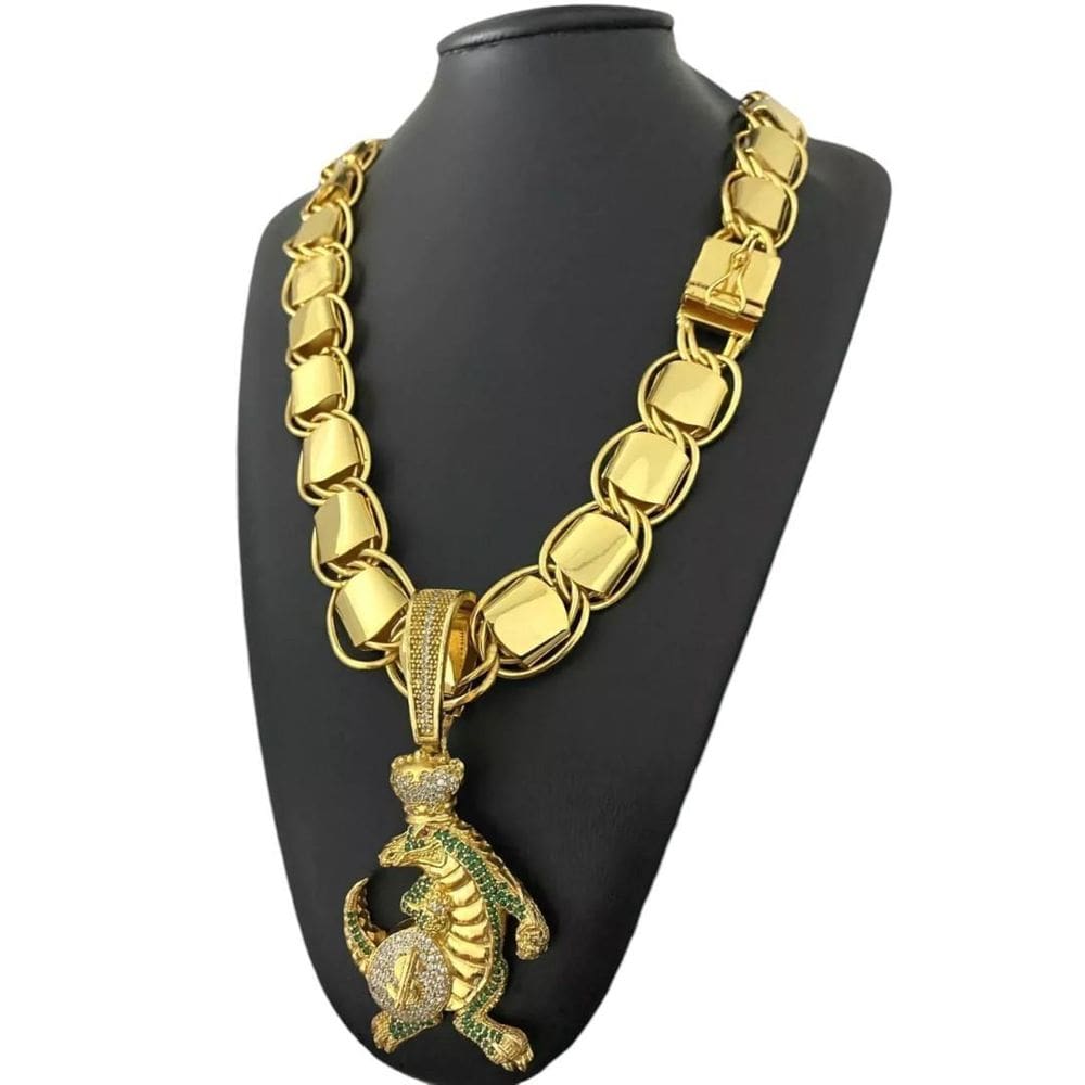 Cordão Dubai Supremo 22Mm + Pingente Jacaré - Banhado A Ouro