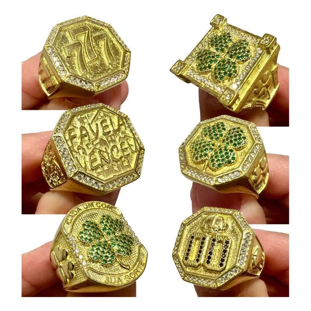 2X Dedeiras Aneis Moeda Antiga Cravejado Sorte 777 Cor Ouro