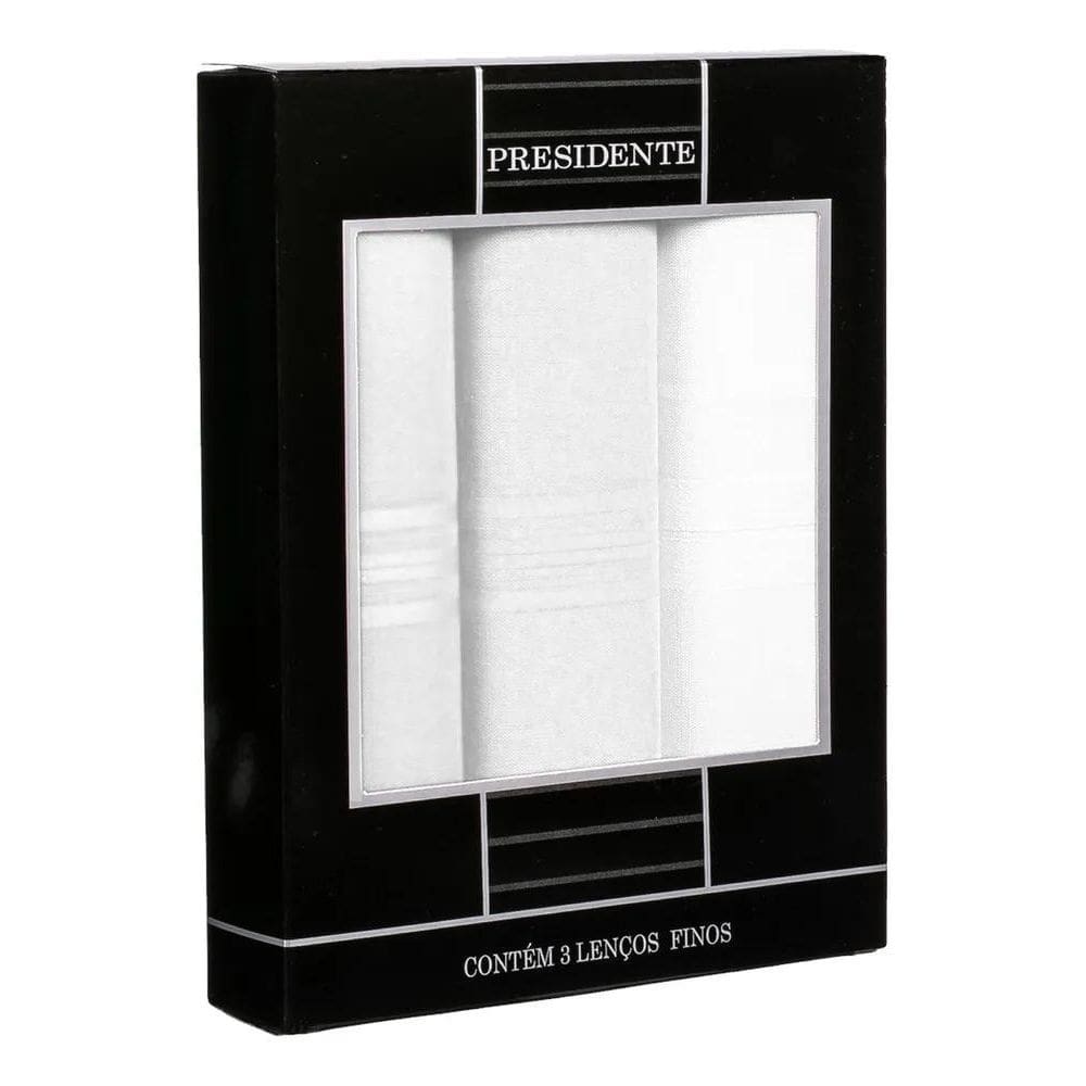 2X Lenço Presidente Branco 100% Algodão Masculino Cx Com 3 U