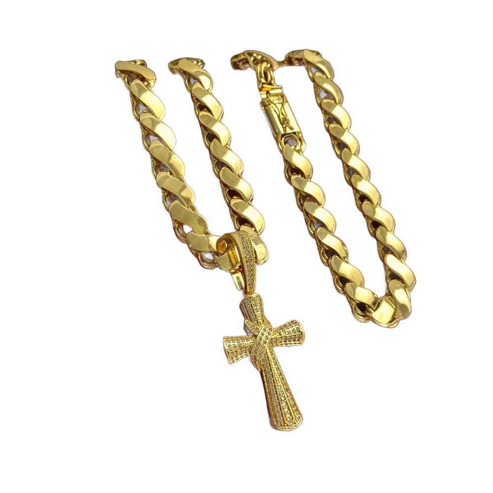 Cordão Friso S 13Mm + Pingente Cruz Trançada Banhado A Ouro