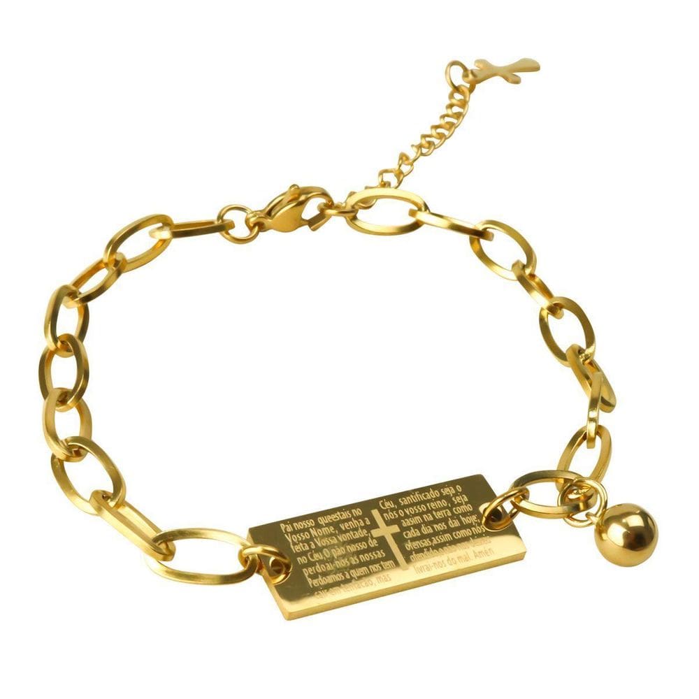 Pulseira Masculina Banhada Dourada Aço + Pingente Pai Nosso
