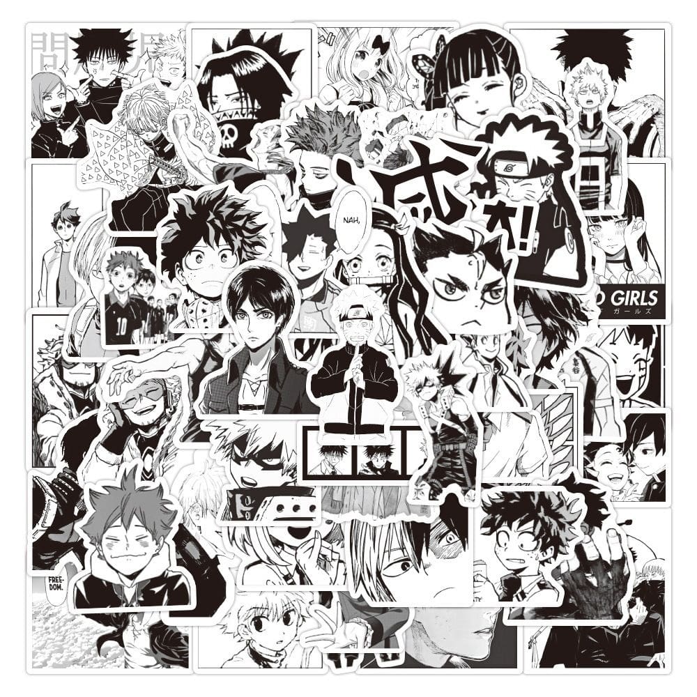 Pacote de adesivos: animes mistos bidimensionais em preto e branco