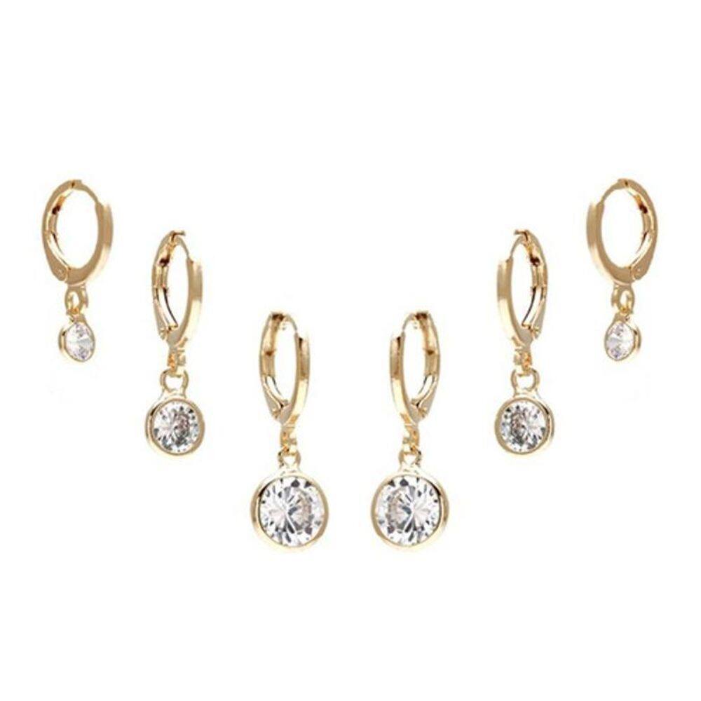 Trio Brinco Argola Pedra Zirconia Folheado Pingente Zirconia