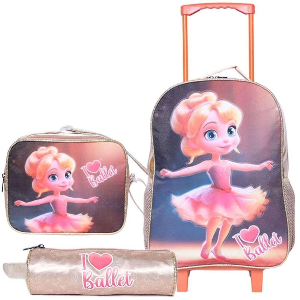 Kit Mochila Rodinha Menina Estojo Lancheira Ballet - Dourado