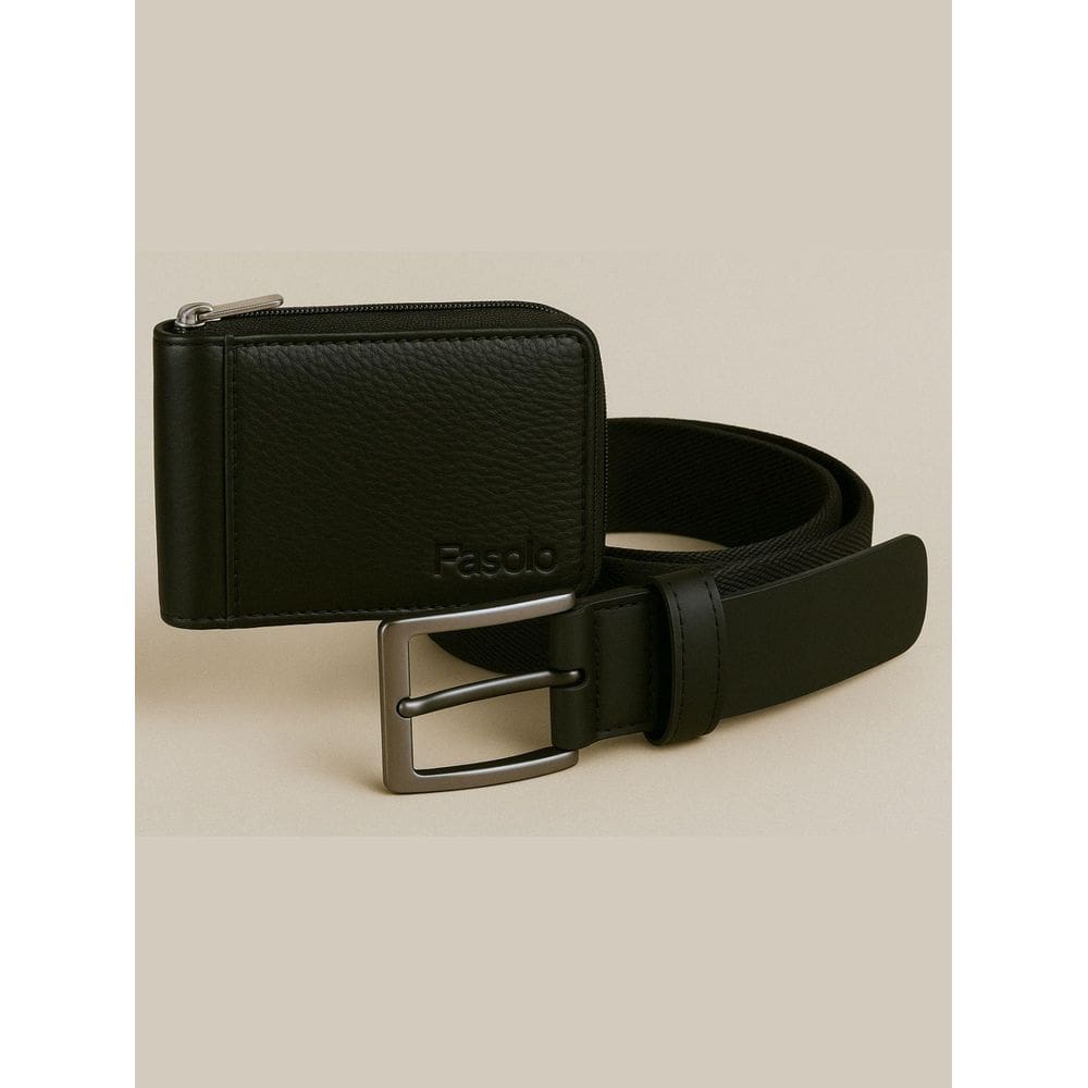 Kit Masculino Fasolo Carteira Zíper E Cinto Couro Preto 105