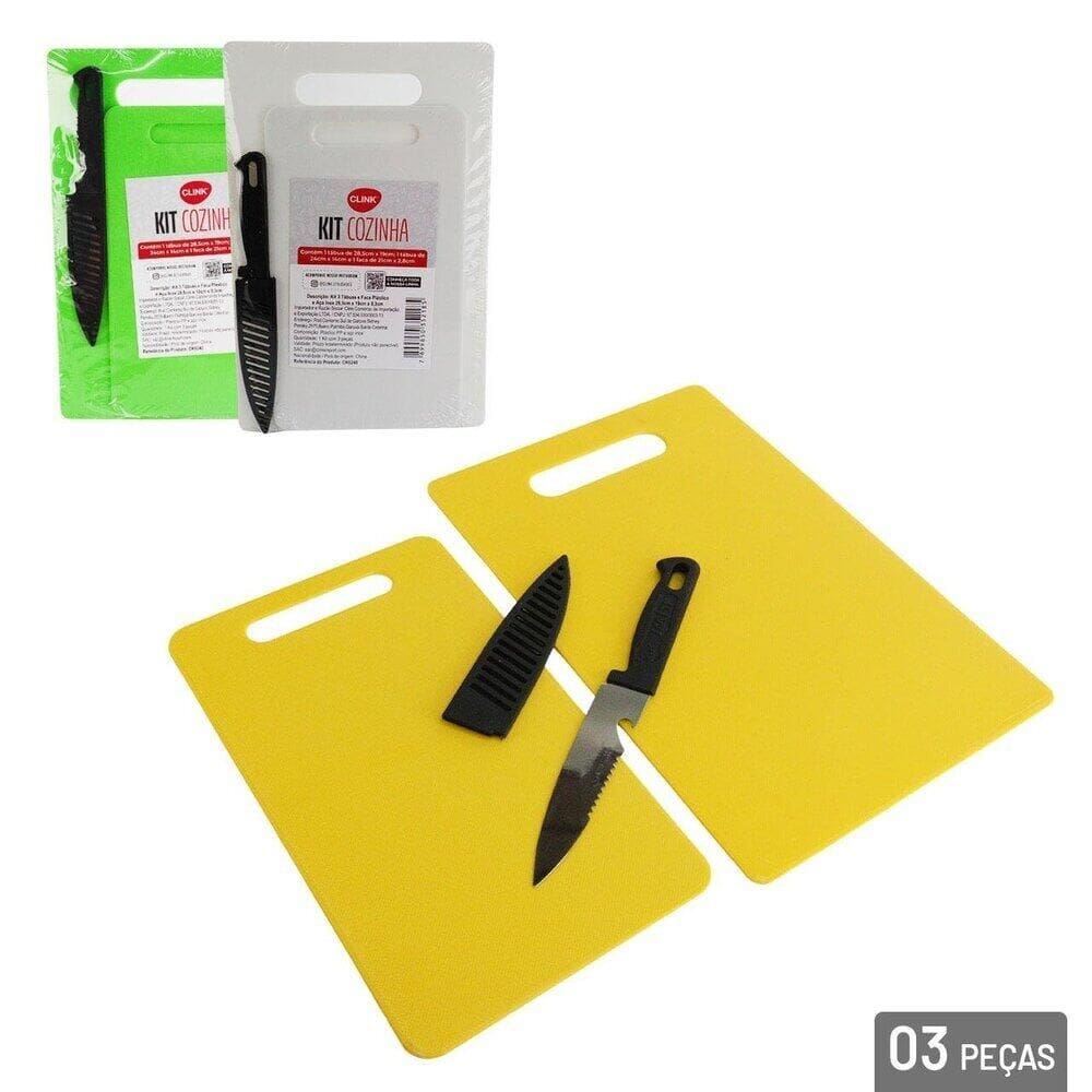 Tábua de Corte Plástico 2 Peças com Faca Color - Tudo em Caixa